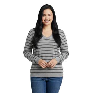 Worthington Black & Gray Striped V-Neck Pullover Sweater - Size Large